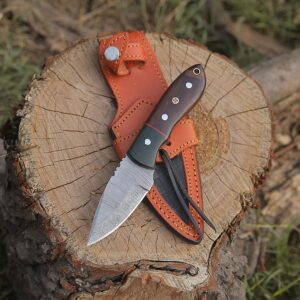 H.M Knives Handmade Damascus Steel Knife - Fixed blade Bush craft Hunting Knife, Survival & Camping Knives, with Rose Wood Handle Real leather Sheath, (HM1)