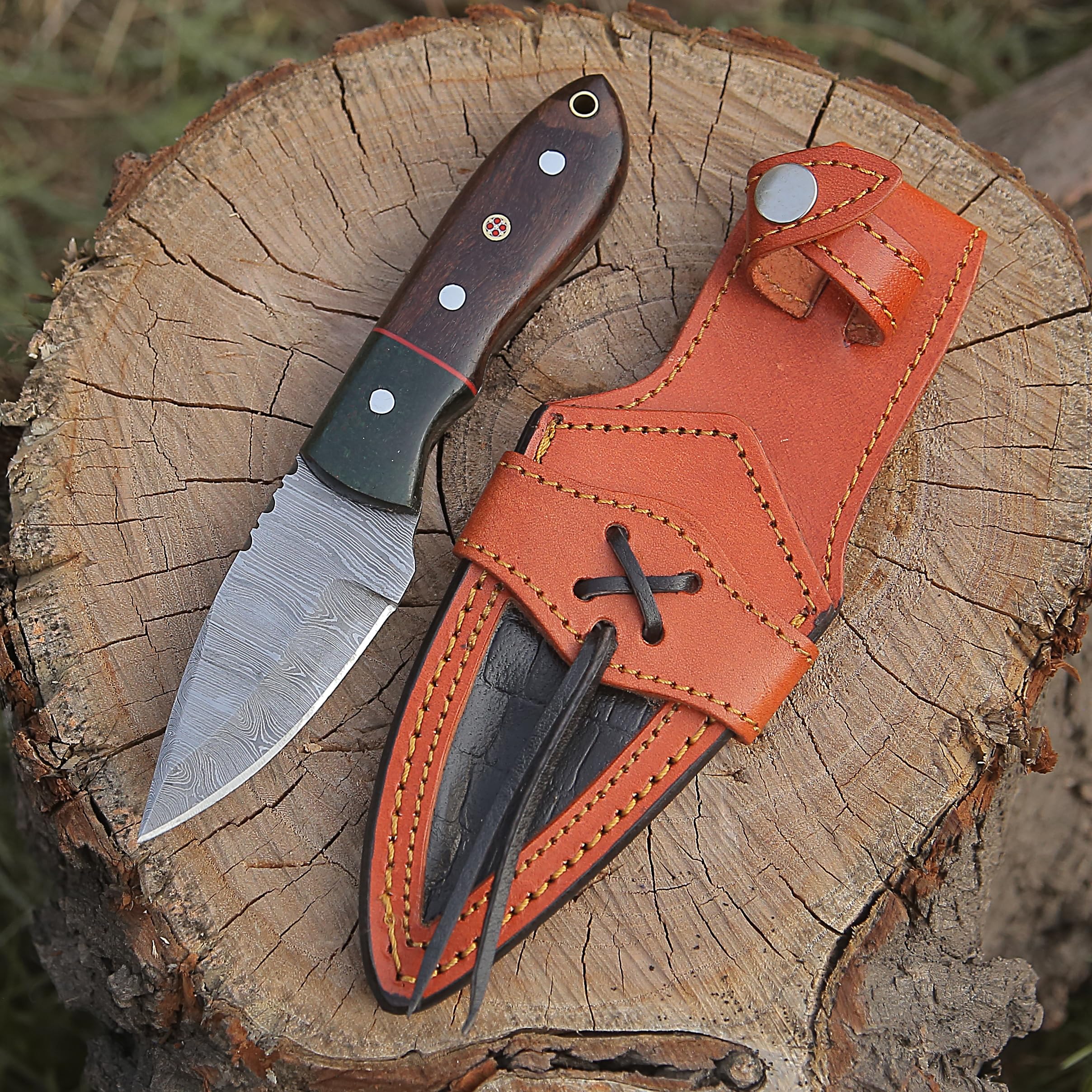 H.M Knives Handmade Damascus Steel Knife - Fixed blade Bush craft Hunting Knife, Survival & Camping Knives, with Rose Wood Handle Real leather Sheath, (HM1)