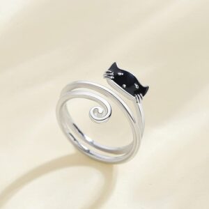 Cute Cat Open Statement Ring 925 Sterling Silver Adjustable Simple Lovely Animal Pet Wrap Stacking Engagement Wedding Finger Rings Dainty Jewelry Gifts for Women Girls Teen Birthday Xmas Daughter Girlfriend