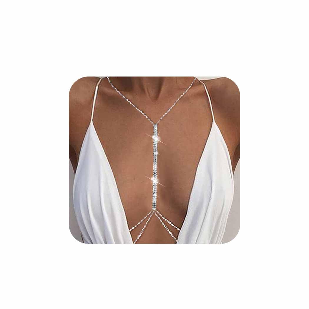 Bounzhi Rhinestone Sexy Body Chain Silver Body Jewelry Bikini Crystal Body Necklace Party for Women