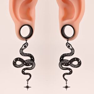 Atomhole 2PCS Snake Dangle Ear Gauges Hypoallergenic Stainless Steel Ear Plugs Ear Hangers for Stretched Ears Tunnels Pair Selling 2g 0g Body Jewelry (10mm(00G), Black)