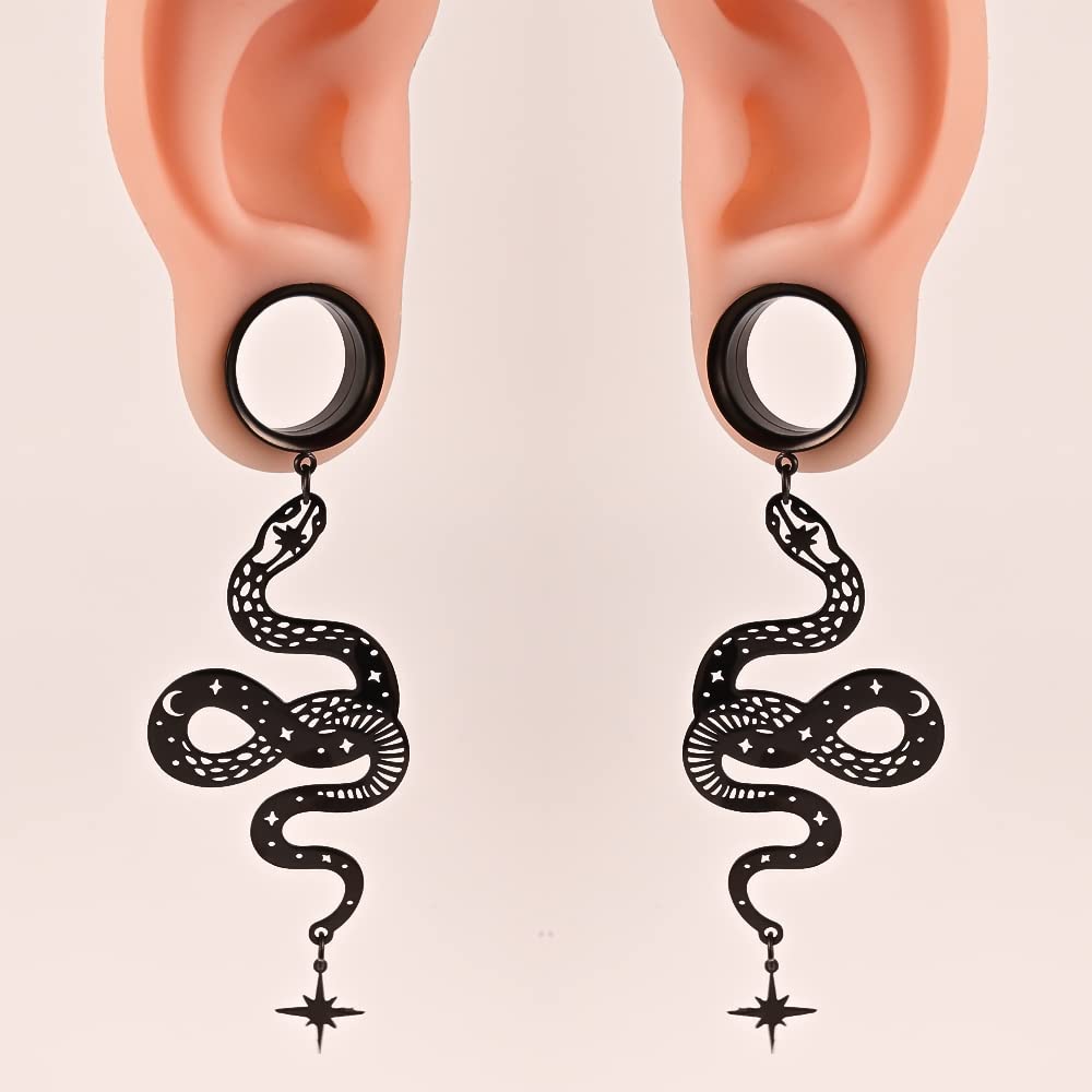 Atomhole 2PCS Snake Dangle Ear Gauges Hypoallergenic Stainless Steel Ear Plugs Ear Hangers for Stretched Ears Tunnels Pair Selling 2g 0g Body Jewelry (10mm(00G), Black)