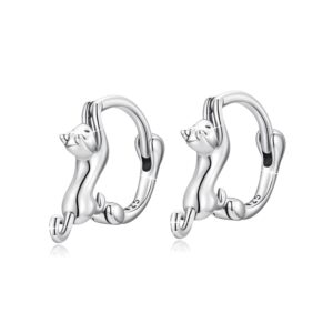 mundell 925 sterling silver cute cat tiny huggie hoop earrings for cat lovers hypoallergenic earrings for women fine jewelry