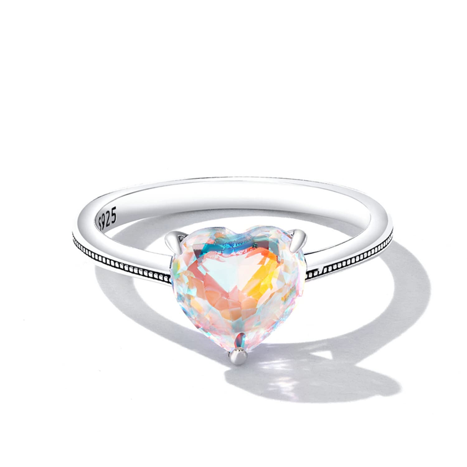 BISAER Love Heart Ring 925 Sterling Silver Band Ring with a Shining heart Colorful Love Cubic Zirconia Promise Jewelry Gifts for Love Size 5-9