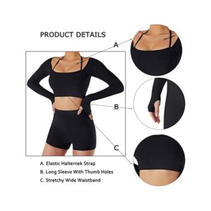 Women Workout Long Sleeve Crop Tops Yoga Outfits Halter Sports Bra Padded Workout Shirts with Thumb Holes Black