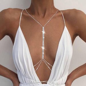 Bounzhi Rhinestone Sexy Body Chain Silver Body Jewelry Bikini Crystal Body Necklace Party for Women