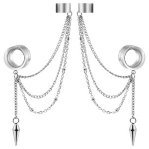 LADEMAYH 2PCS Ear Cuff Chains Plugs Tunnels Gauges Earrings Stainless Steel Non-Piercing Adjustable Cartilage Clip On Wrap Classy Tassel Dangle Taper Body Jewelry Silver 10mm=00g