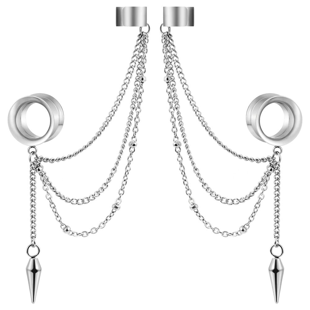 LADEMAYH 2PCS Ear Cuff Chains Plugs Tunnels Gauges Earrings Stainless Steel Non-Piercing Adjustable Cartilage Clip On Wrap Classy Tassel Dangle Taper Body Jewelry Silver 10mm=00g