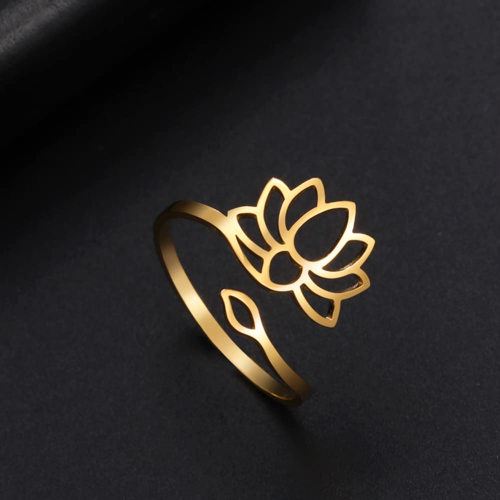 TEAMER Resizable Lotus Ring Stainless Steel Semicolon Ring Yoga Meditation Om Symbol Ring Inspirational Jewelry For Women (Lotus 1-Gold)