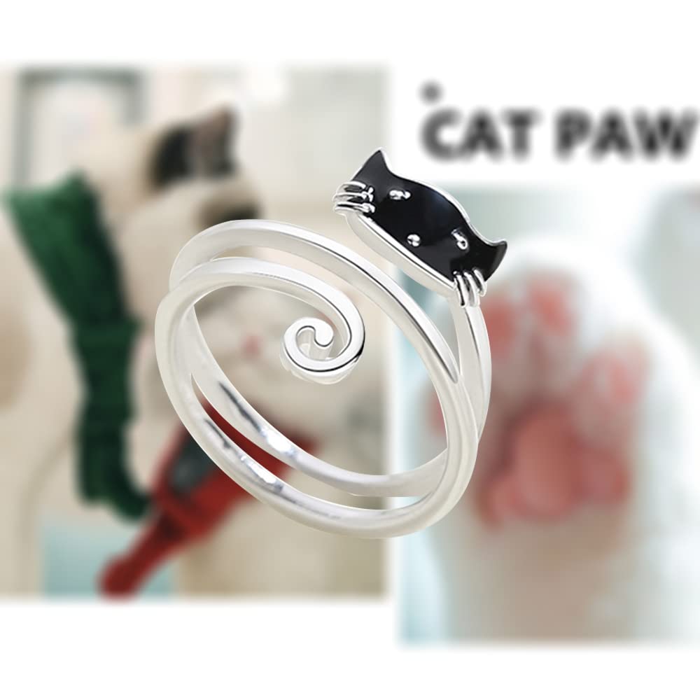 Cute Cat Open Statement Ring 925 Sterling Silver Adjustable Simple Lovely Animal Pet Wrap Stacking Engagement Wedding Finger Rings Dainty Jewelry Gifts for Women Girls Teen Birthday Xmas Daughter Girlfriend