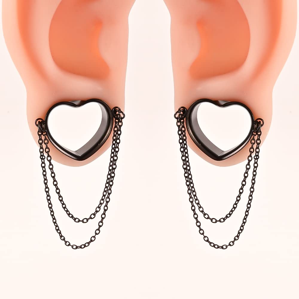 Atomhole 2PCS Cute Heart Ear Gauges with Chains Hypoallergenic 316 Stainless Steel Plugs for Ears Tunnels Piercing Expander Stretchers Body Jewelry (10mm(00G), Black)