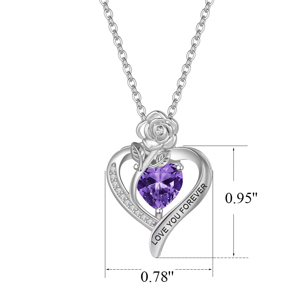 UEUC Birthstone Flower Necklace for Women, Sterling Silver Love You Forever Rose Flower Necklace Crystal Heart Pendant Necklace Gift for Her 18''+2'' Chain(2)