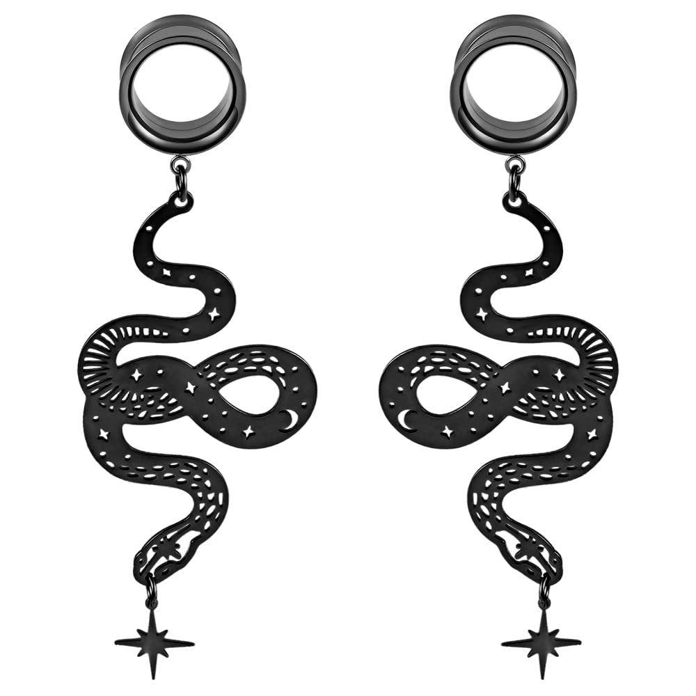 Atomhole 2PCS Snake Dangle Ear Gauges Hypoallergenic Stainless Steel Ear Plugs Ear Hangers for Stretched Ears Tunnels Pair Selling 2g 0g Body Jewelry (10mm(00G), Black)