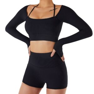 women workout long sleeve crop tops yoga outfits halter sports bra padded workout shirts with thumb holes black