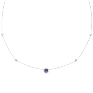 .925 Sterling Silver Genuine Purple Amethyst & Lab-Grown White Sapphire 5 Station Necklace - 20” Cable Chain - February