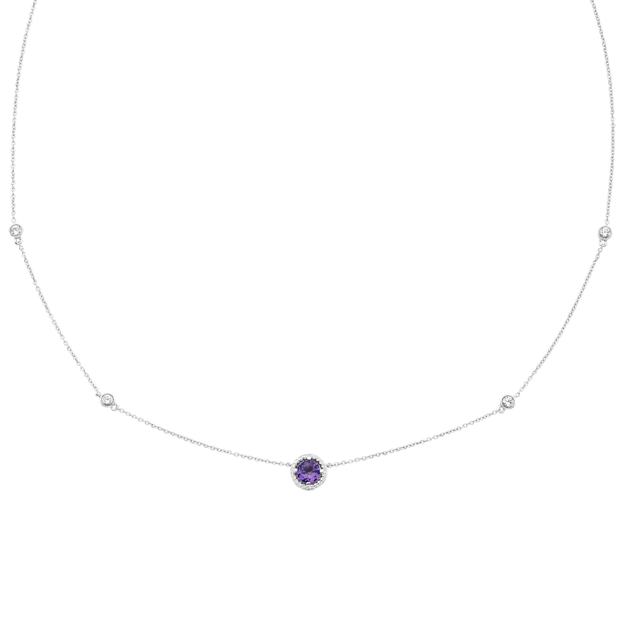 .925 Sterling Silver Genuine Purple Amethyst & Lab-Grown White Sapphire 5 Station Necklace - 20” Cable Chain - February