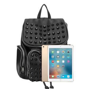 Downupdown ​Studded Backpacks for Women and Men Leather Flap Rivet Backpack knapsack Ladies Casual Daypack Shoulder Bag Cool Zipper Backpack with Top Handle Bucket Bag-Black