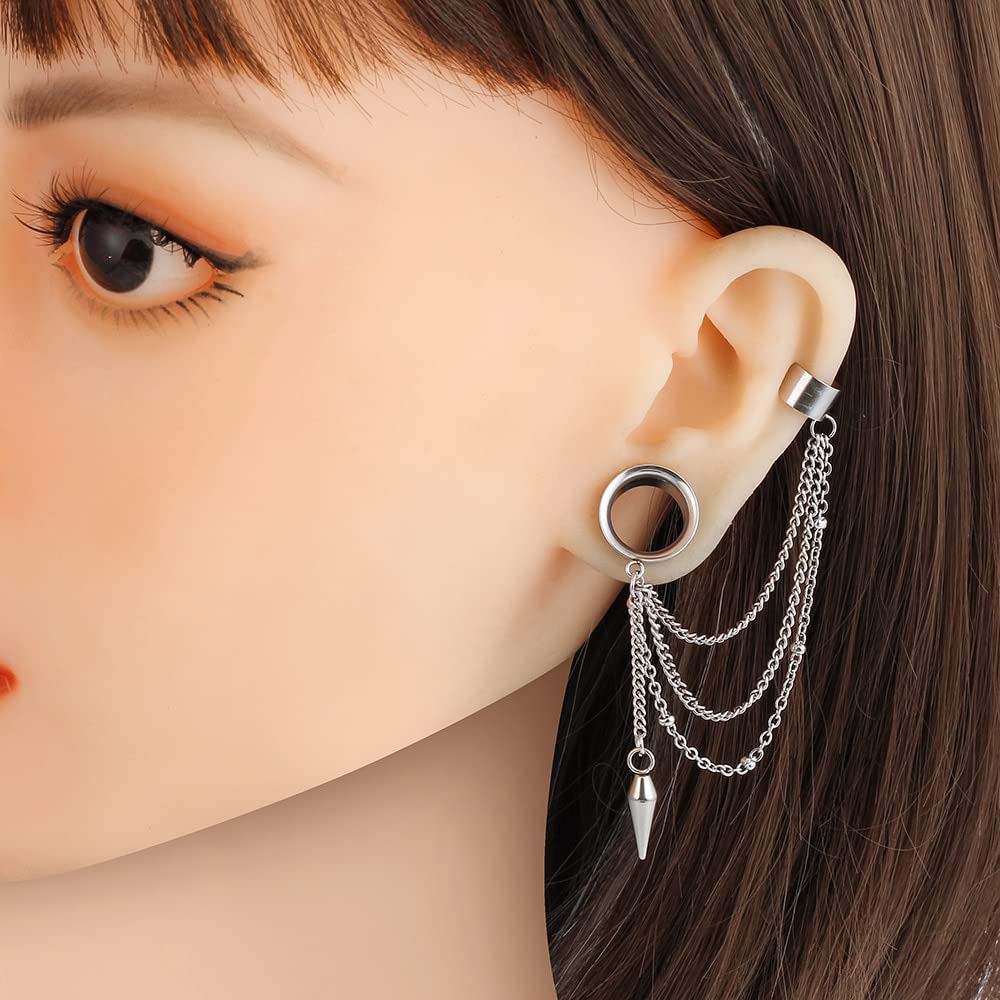 LADEMAYH 2PCS Ear Cuff Chains Plugs Tunnels Gauges Earrings Stainless Steel Non-Piercing Adjustable Cartilage Clip On Wrap Classy Tassel Dangle Taper Body Jewelry Silver 10mm=00g