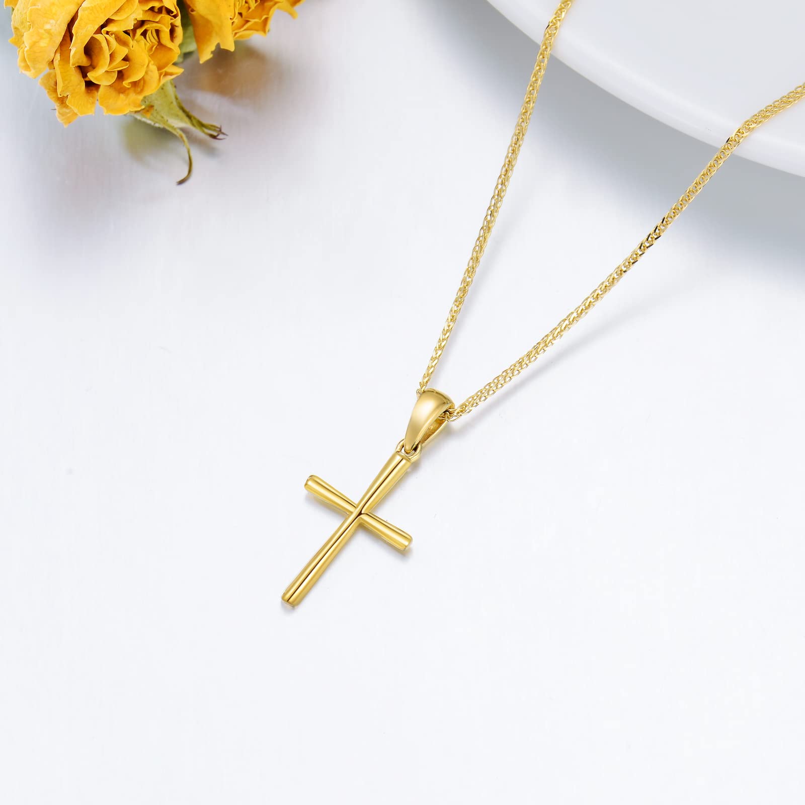 14k Gold Cross Pendant and Wheat Chain Necklace for Women, Baptism Jewelry Confirmation Gifts for Her, 18 inch