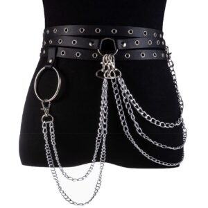 LOREMOW 2 Pcs Black Leather Waist Chain Belt Womens Punk Waist Belly Chain Layered Goth Body Chain Nightclub Party Body Jewelry Accessories