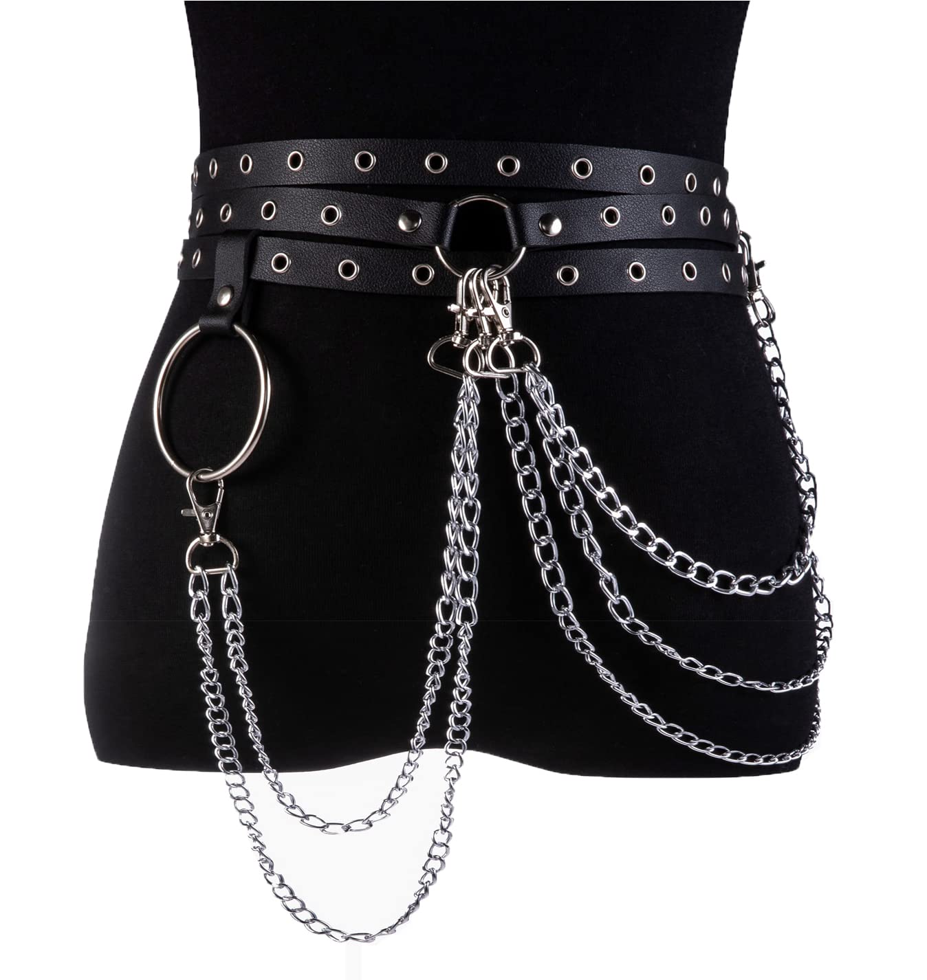 LOREMOW 2 Pcs Black Leather Waist Chain Belt Womens Punk Waist Belly Chain Layered Goth Body Chain Nightclub Party Body Jewelry Accessories