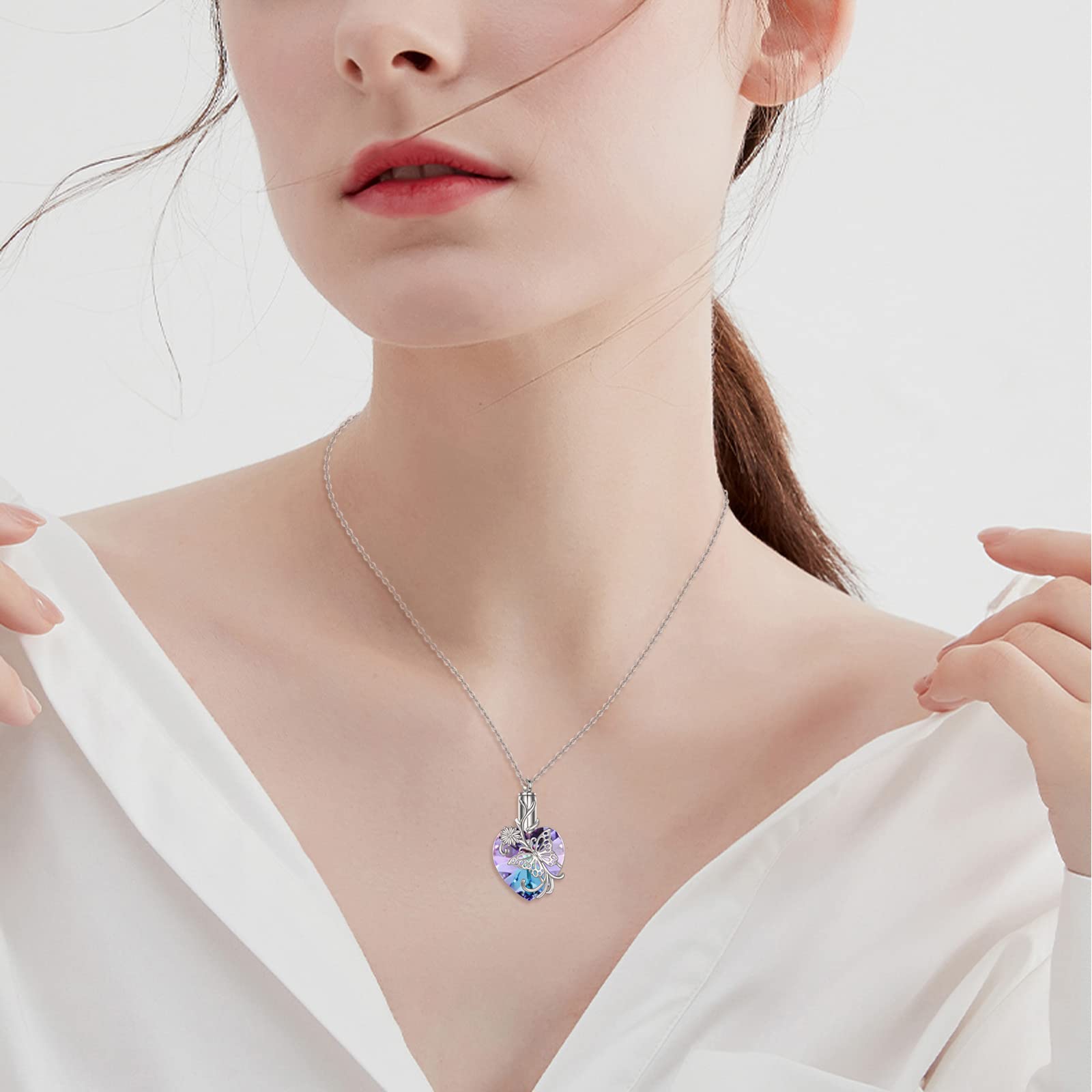 YFN Heart Crystal Urn Necklace for Ashes Cremation Jewelry Sterling Silver with Purple Blue Crystal Jewelry Gifts for Women Girls Butterfly