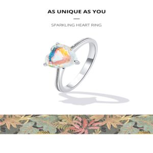 BISAER Love Heart Ring 925 Sterling Silver Band Ring with a Shining heart Colorful Love Cubic Zirconia Promise Jewelry Gifts for Love Size 5-9