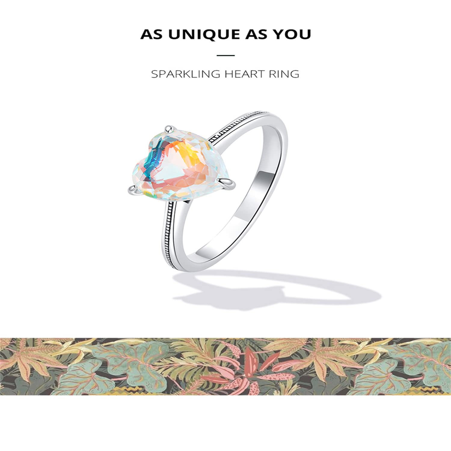 BISAER Love Heart Ring 925 Sterling Silver Band Ring with a Shining heart Colorful Love Cubic Zirconia Promise Jewelry Gifts for Love Size 5-9