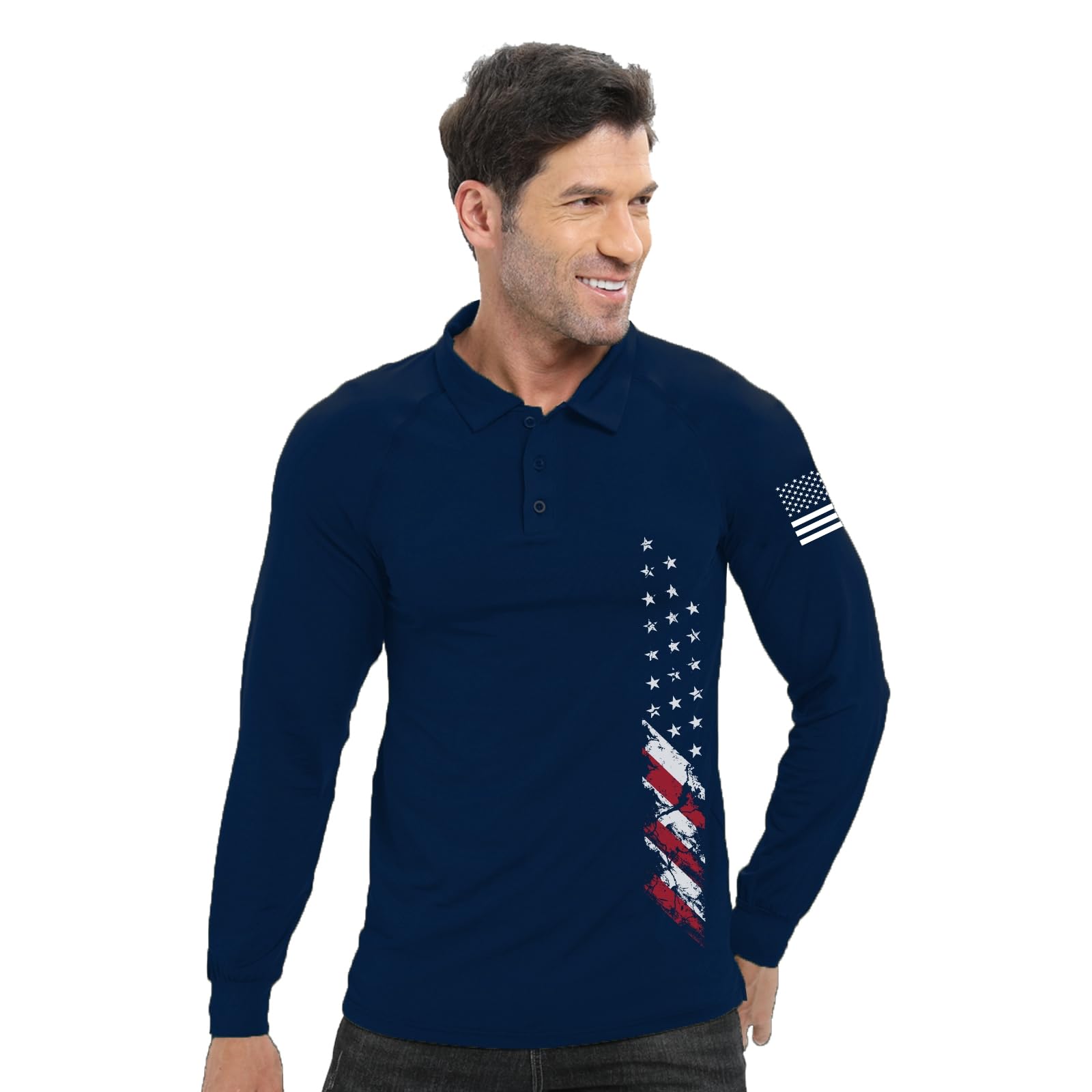 H HYFOL Long Sleeve Polo Shirts for Men Graphic Stretch Casual American Patriotic Raglan Golf Polos for Men(Navy Blue,XL)