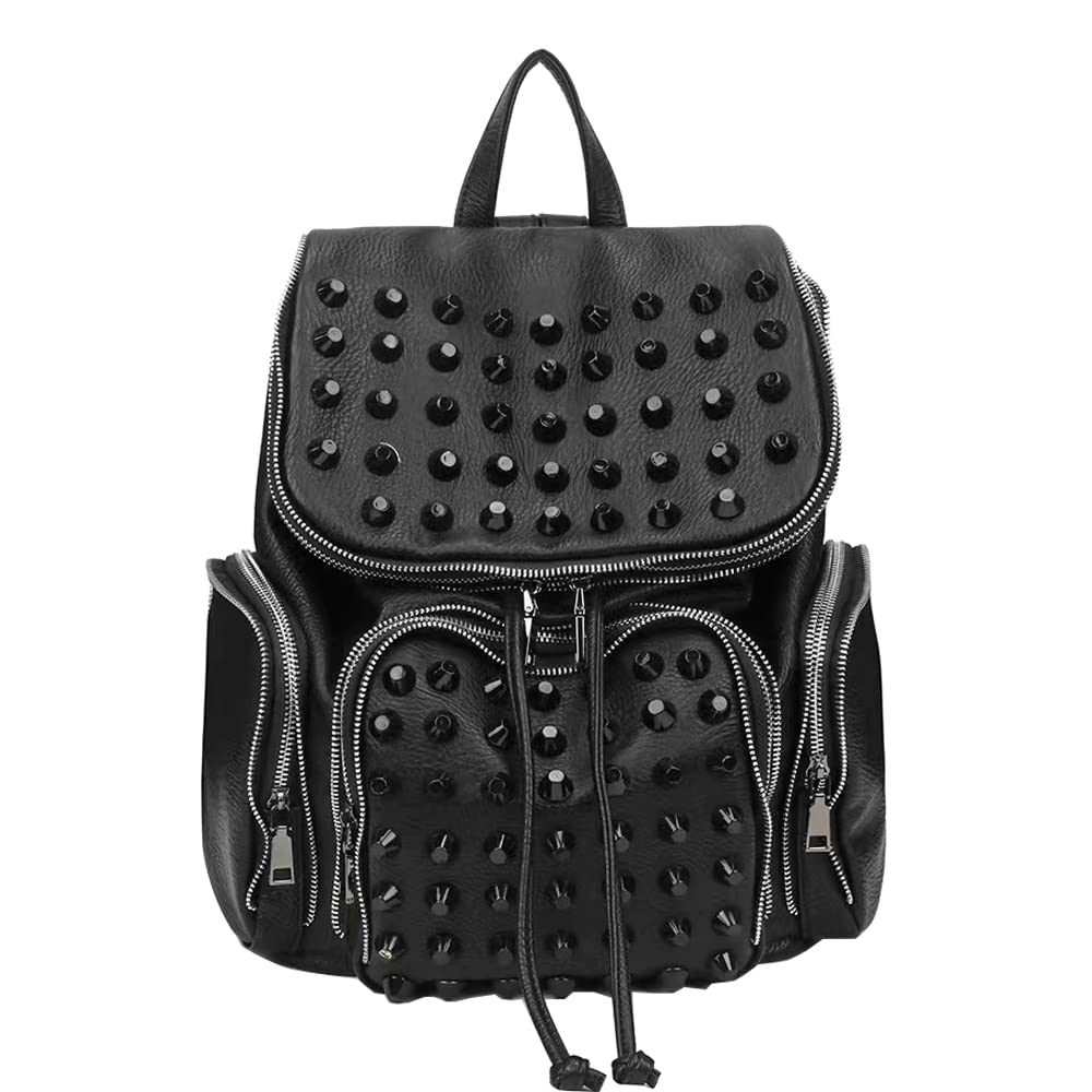 Downupdown ​Studded Backpacks for Women and Men Leather Flap Rivet Backpack knapsack Ladies Casual Daypack Shoulder Bag Cool Zipper Backpack with Top Handle Bucket Bag-Black