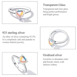 BISAER Love Heart Ring 925 Sterling Silver Band Ring with a Shining heart Colorful Love Cubic Zirconia Promise Jewelry Gifts for Love Size 5-9