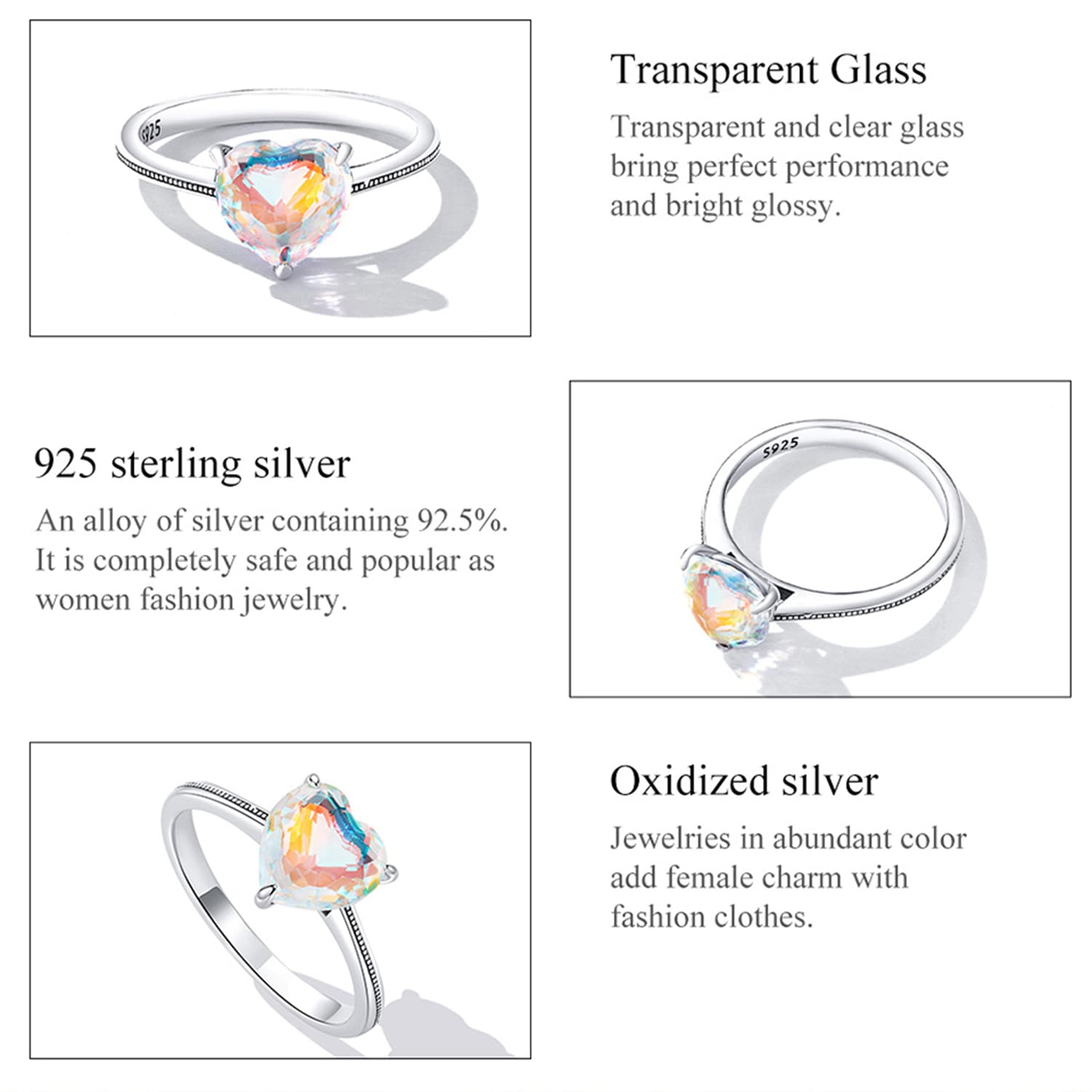 BISAER Love Heart Ring 925 Sterling Silver Band Ring with a Shining heart Colorful Love Cubic Zirconia Promise Jewelry Gifts for Love Size 5-9