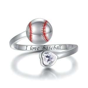 925 sterling silver basketball baseball softball football tennis racket ring adjustable sports jewelry gifts for women player mom (baseball)