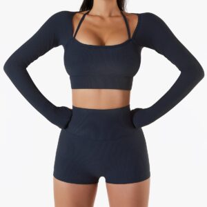 Women Workout Long Sleeve Crop Tops Yoga Outfits Halter Sports Bra Padded Workout Shirts with Thumb Holes Black