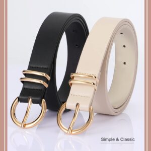 VONMELLI 2 Pack Women's Leather Belts for Jeans Pants Fashion Gold Buckle Ladies Belt light beige