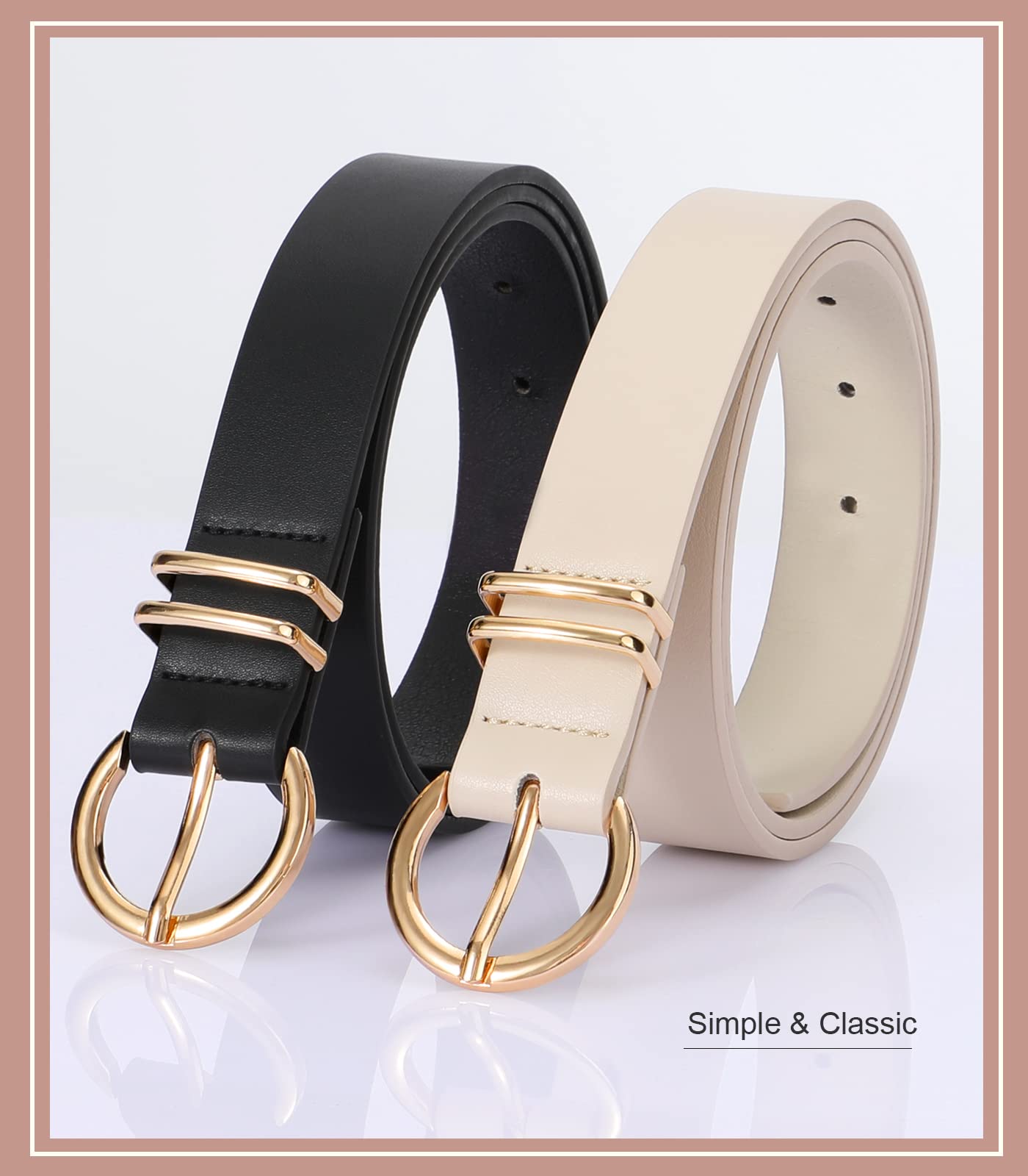 VONMELLI 2 Pack Women's Leather Belts for Jeans Pants Fashion Gold Buckle Ladies Belt light beige