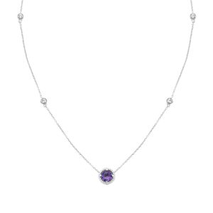 .925 Sterling Silver Genuine Purple Amethyst & Lab-Grown White Sapphire 5 Station Necklace - 20” Cable Chain - February