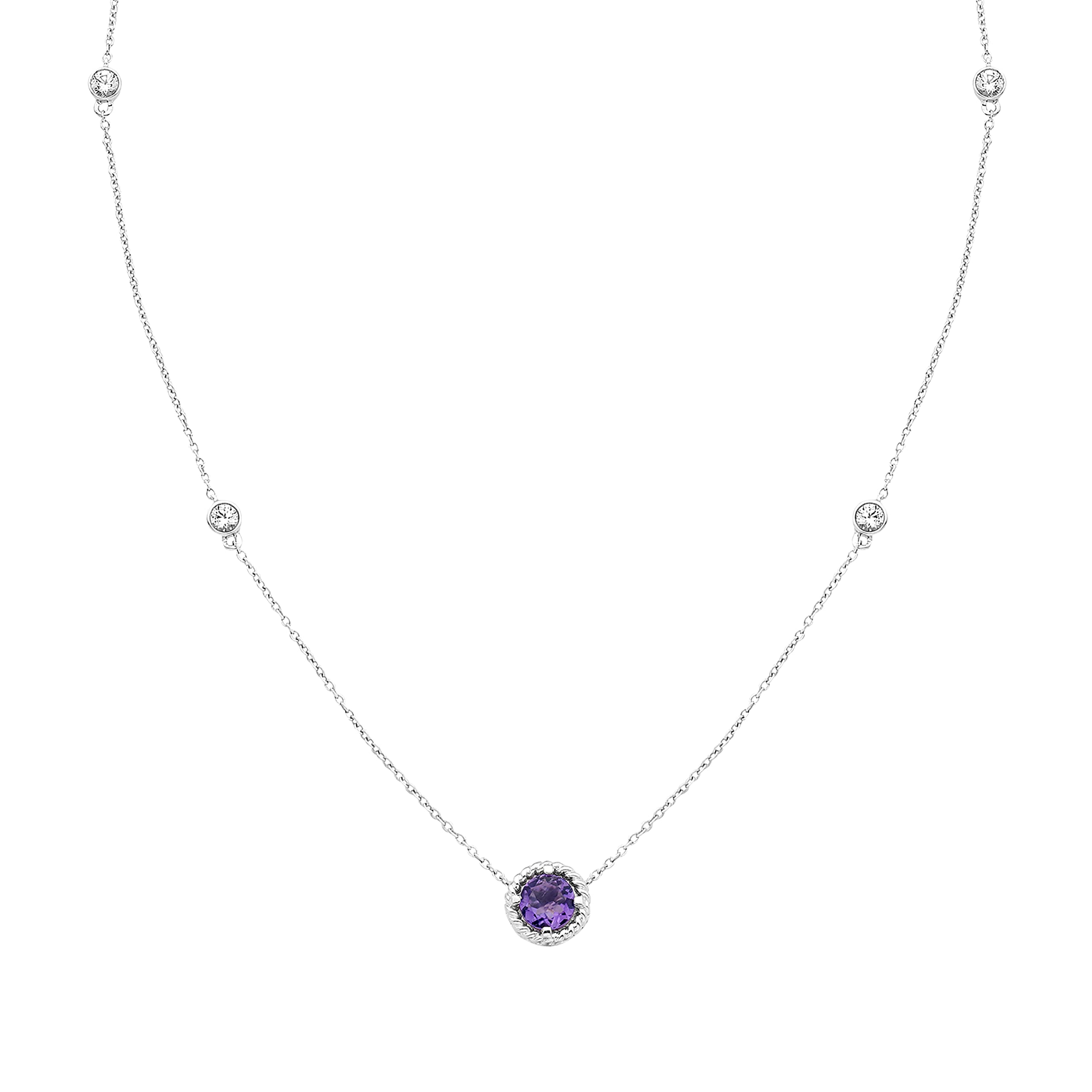 .925 Sterling Silver Genuine Purple Amethyst & Lab-Grown White Sapphire 5 Station Necklace - 20” Cable Chain - February