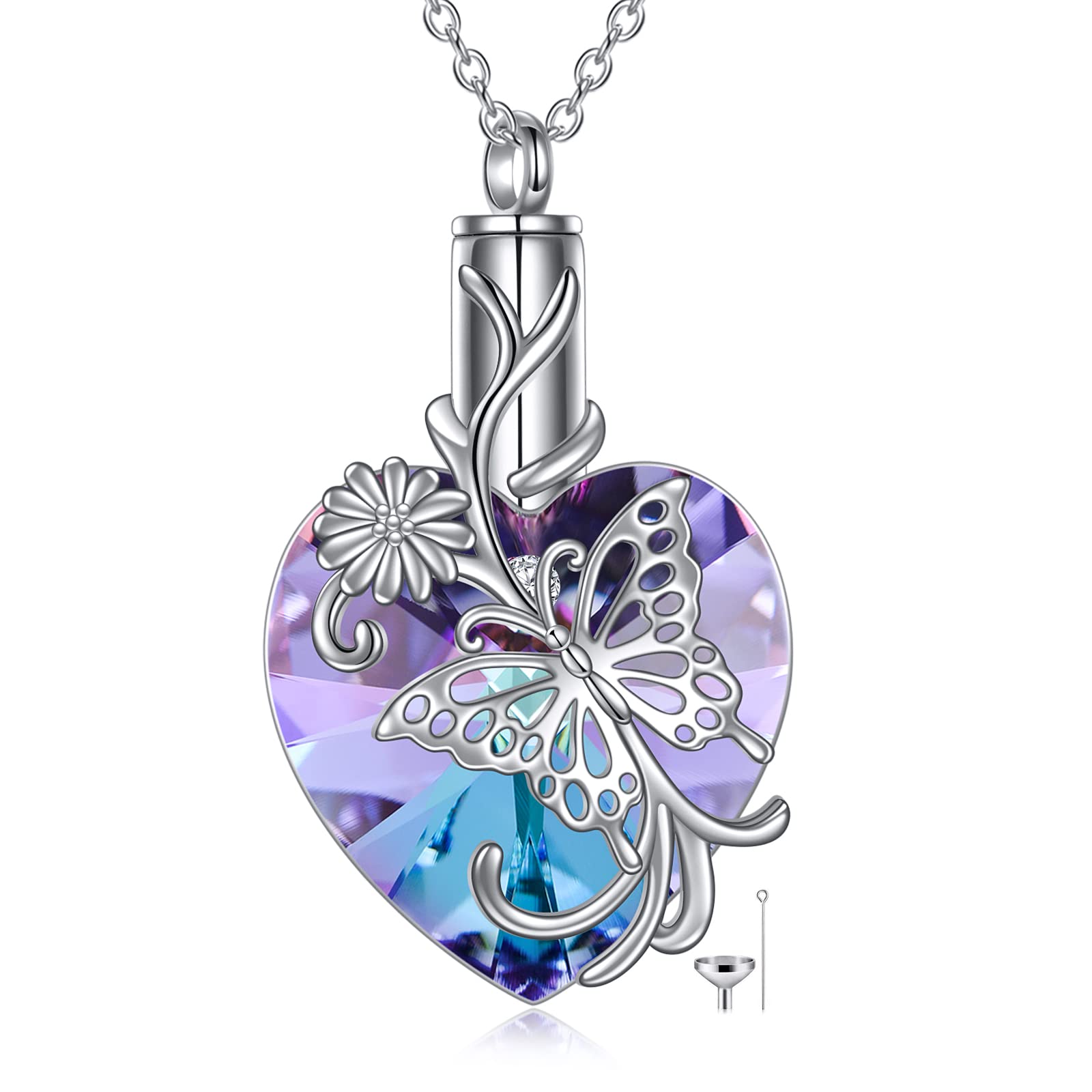 YFN Heart Crystal Urn Necklace for Ashes Cremation Jewelry Sterling Silver with Purple Blue Crystal Jewelry Gifts for Women Girls Butterfly