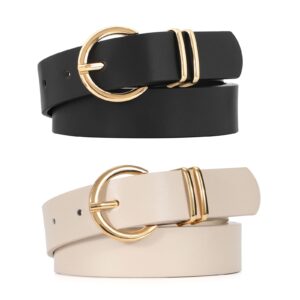 vonmelli 2 pack women's leather belts for jeans pants fashion gold buckle ladies belt light beige