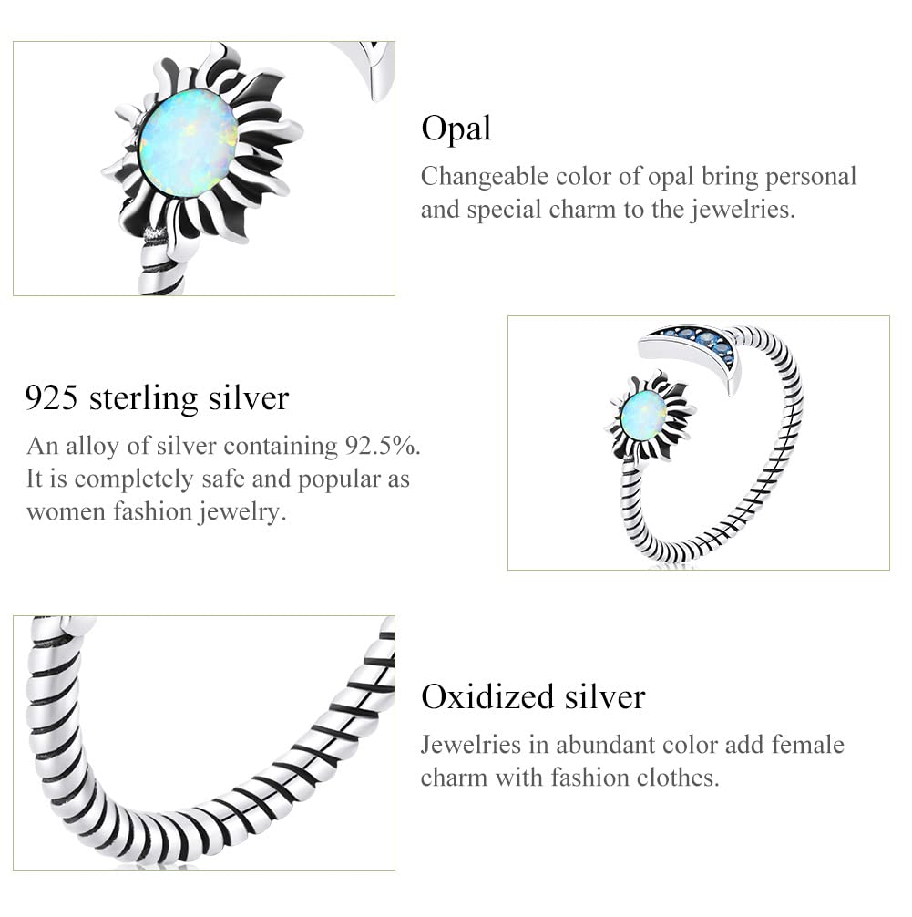 MUNDELL 925 Sterling Silver Opal Star and Moon Open Ring for Women Vintage Twisted Adjustable stackable Ring Dazzling Statement Ring Fine Jewelry