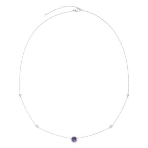 .925 Sterling Silver Genuine Purple Amethyst & Lab-Grown White Sapphire 5 Station Necklace - 20” Cable Chain - February