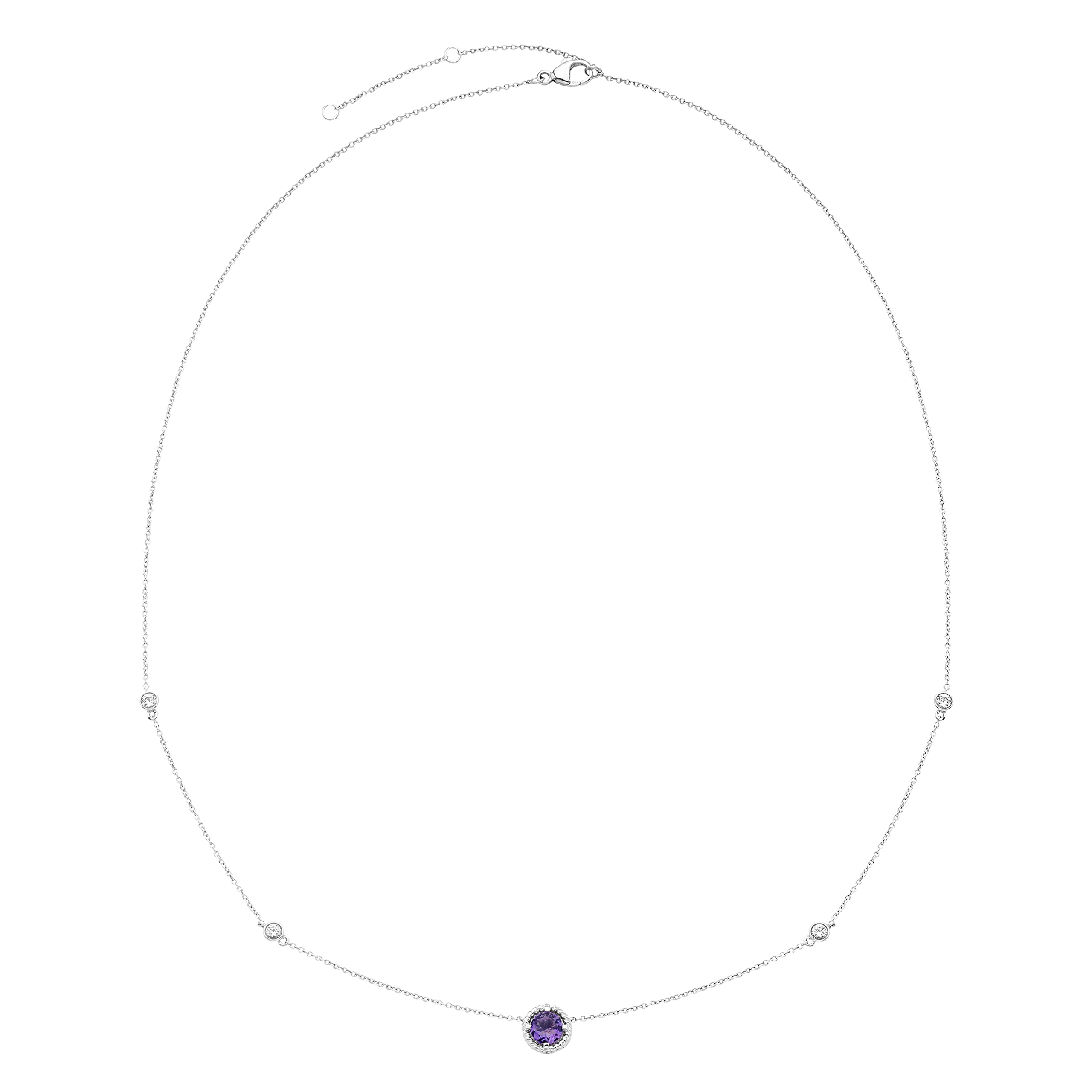 .925 Sterling Silver Genuine Purple Amethyst & Lab-Grown White Sapphire 5 Station Necklace - 20” Cable Chain - February