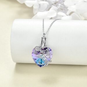 YFN Heart Crystal Urn Necklace for Ashes Cremation Jewelry Sterling Silver with Purple Blue Crystal Jewelry Gifts for Women Girls Butterfly