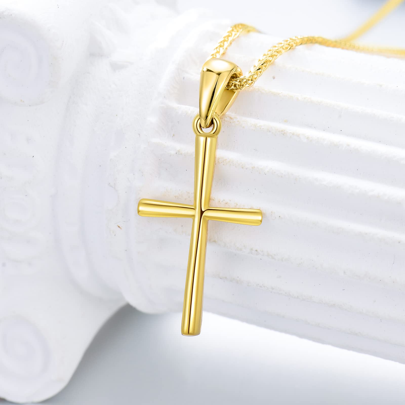 14k Gold Cross Pendant and Wheat Chain Necklace for Women, Baptism Jewelry Confirmation Gifts for Her, 18 inch