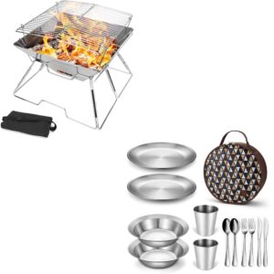 Odoland Bundle - 2 Items Folding Campfire Grill and Complete Messware Kit Polished Stainless Steel Camping dinnerware