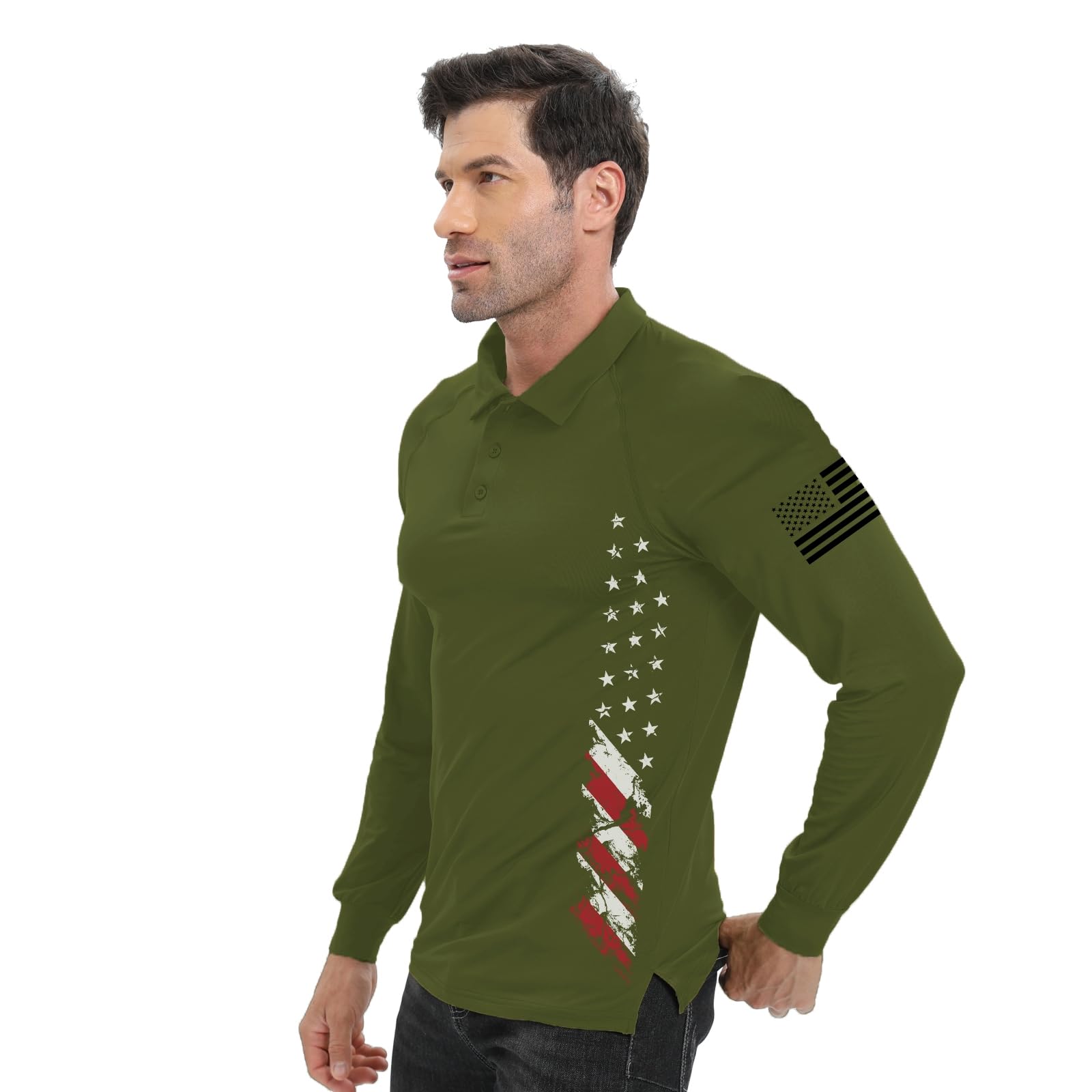 H HYFOL Long Sleeve Polo Shirts for Men Graphic Stretch Casual American Patriotic Raglan Golf Polos for Men(Olive Green,L)