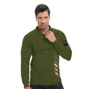 H HYFOL Long Sleeve Polo Shirts for Men Graphic Stretch Casual American Patriotic Raglan Golf Polos for Men(Olive Green,L)