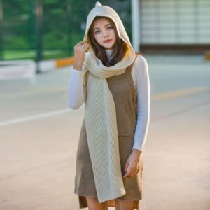 Winter Warm Wraps Solid 2 in 1 Knit Hooded Scarf Set Winter Melon Cap Warm Thick Cable Knitted Hat (Beige, One Size)