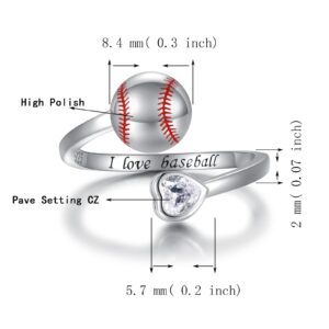 925 Sterling Silver Basketball Baseball Softball Football Tennis Racket Ring Adjustable Sports Jewelry Gifts for Women Player Mom (Baseball)